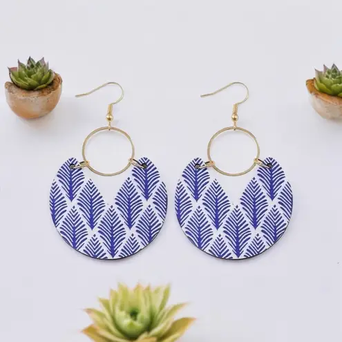Blue Leaf Pattern Dangle Earrings‎ Retro Bohemian Style Wooden Jewelry Exquisite
