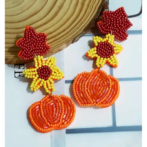 Fall Beaded Dangle Earrings Maple Leaf Sunflower Pumpkin Earrings Autumn New Orange