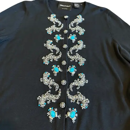 Michael Simon Vintage Retro Cardigan Sweater Turquoise Beaded Gecko Frog Large Black