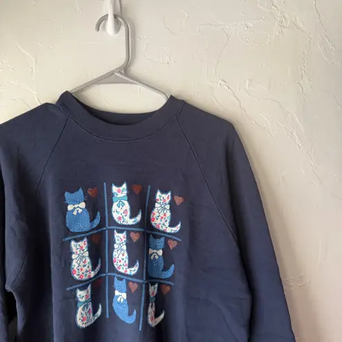 Cat Print Sweatshirt Vintage 90s Medium Navy Blue Crewneck Pullover Graphic Cats
