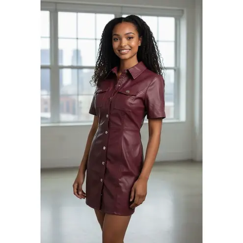 TOCCIN Burgundy Faux Leather Short Sleeve Dress Snap Front Mini Vegan Sz 2 Red