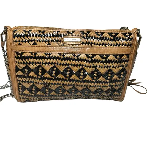 Rebecca Minkoff  MAC Woven Leather Crossbody Tan Black Chain Strap Shoulder‎ Bag