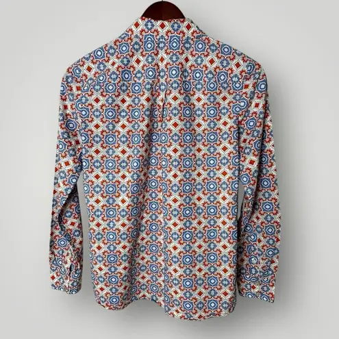 Talbots  Button Down Shirt XS Red Blue Tile Print Cotton Long Sleeve