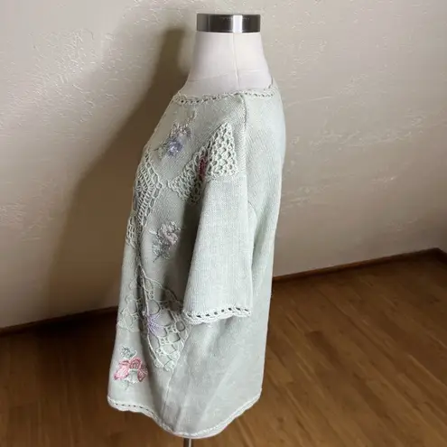 Vintage Short Sleeve Sweater Womens Large Mint Green Floral Crochet Patchwork