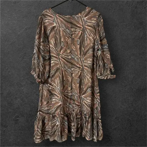 Marsodi Lux Sz L Womens Feather Print Tiered Flowy Long Sleeve Ruffle Dress Boho Pink Size L