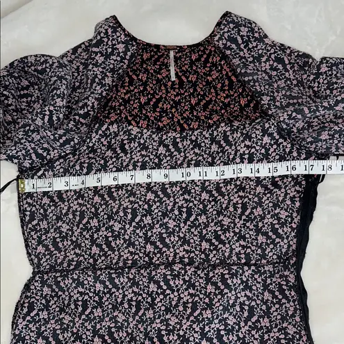 Free People Tunic Mini Dress Or Top Floral Tie Wrap Front Sz S Black