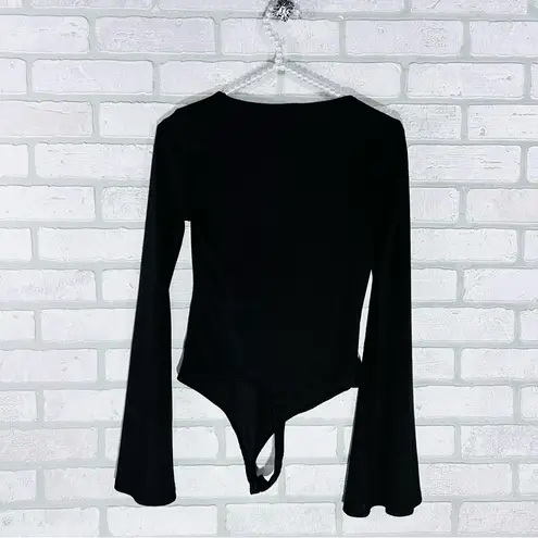 Intimately Free People Black Ribbed Bell Sleeve Bodysuit Size S