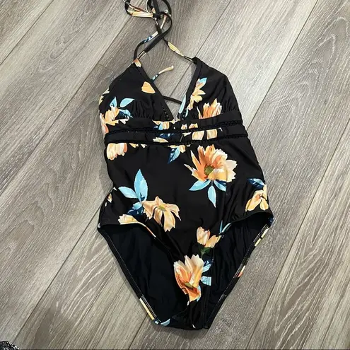 Ella Moss black floral halter one piece swimsuit size medium