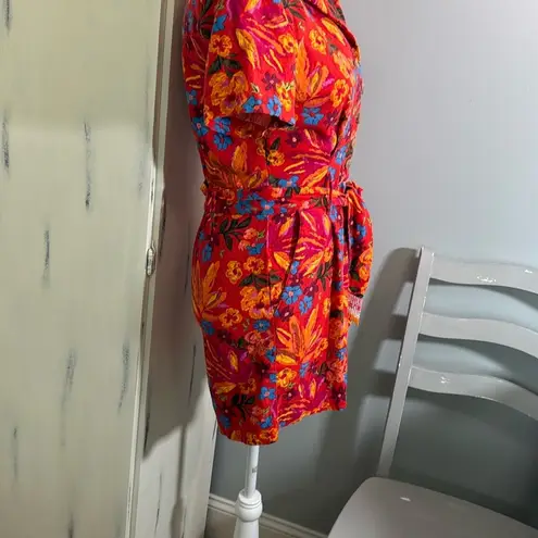 Orange and Red Casual Linen Romper with Beaded Belt