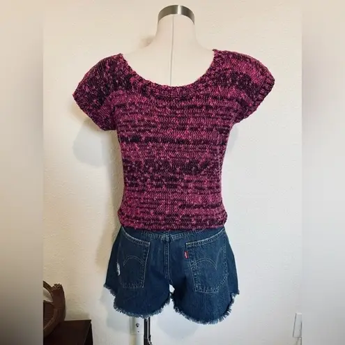 Vintage 80s Palm Leaf Knit Sweater Top Magenta Black Indie Sleaze small Pink