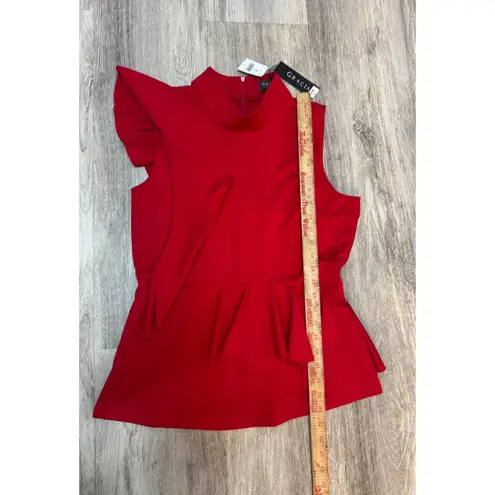 Gracia Red Ruffle Sleeveless Peplum Top Mock Neck Blouse Women's Size L