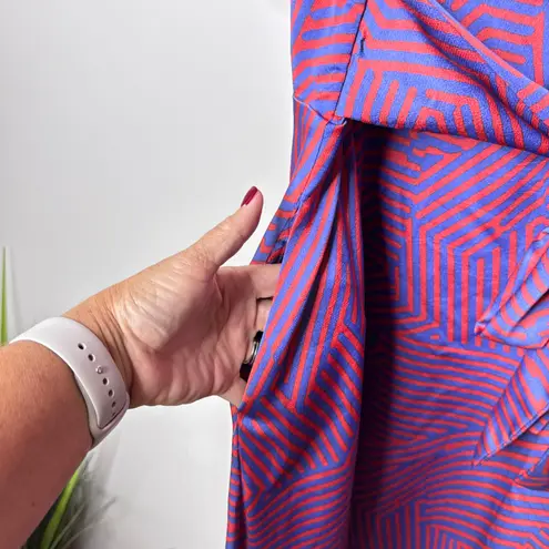 Tahari ASL 16W Purple Red Geo Print Midi Dress Wrap Tie Short Sleeve Career