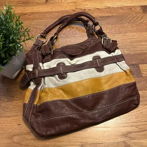Boho Colorblock Brown Yellow White Faux Leather Pleather Shoulder Bag Purse