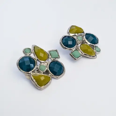 Vintage Clip On Earrings Statement Artsy Green & Blue Tones Large 1.25"