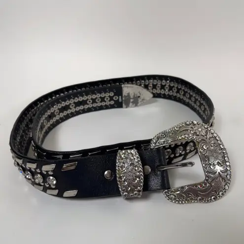 Nocona 2000s Grunge Black Silver Genuine Leather Chunky Festival Indie Hippie Rhinestone Studded Belt Large Buckle Size XL