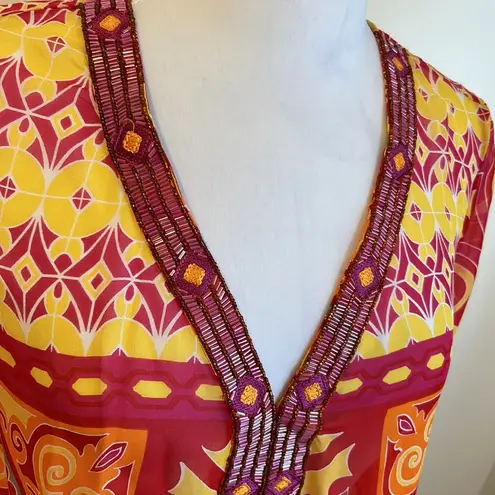 Hale Bob  Cabana Silk Beaded V Neck Blouse