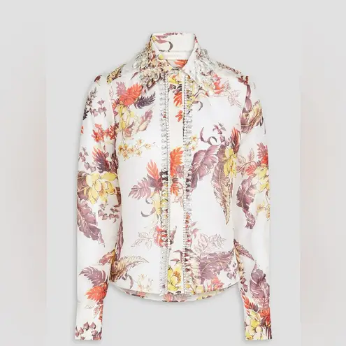 Zimmermann Matchmaker Crystal Embellished Silk Organza Floral Blouse AU 1