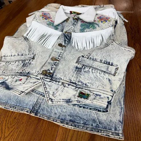 Vintage 80s Acid Wash Denim Fringe Vest & Skirt Set Western Deadstock Punk EUC Blue Size M