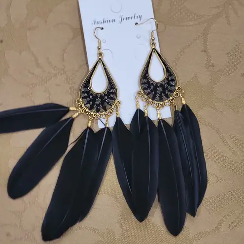 Elegant Black and Gold Feather Earrings
