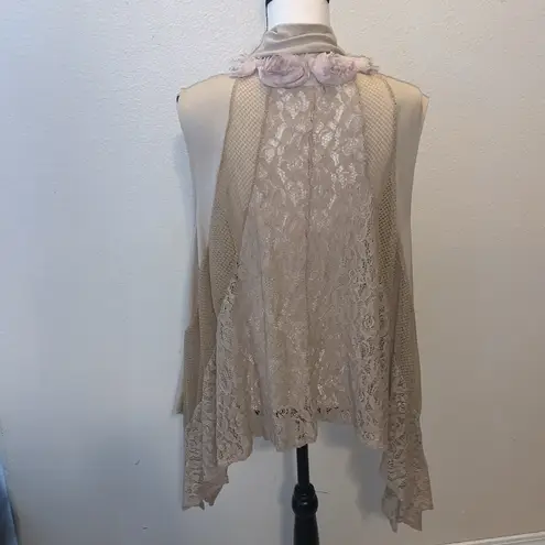 Awake  Couture beige boho rose flowers lace asymmetrical open cardigan