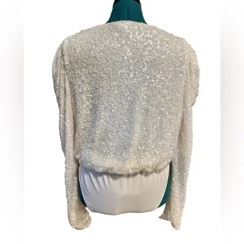 White Birch White Sequin Bodysuit Size L Puff Sleeve V Neck Holiday Party Fairy