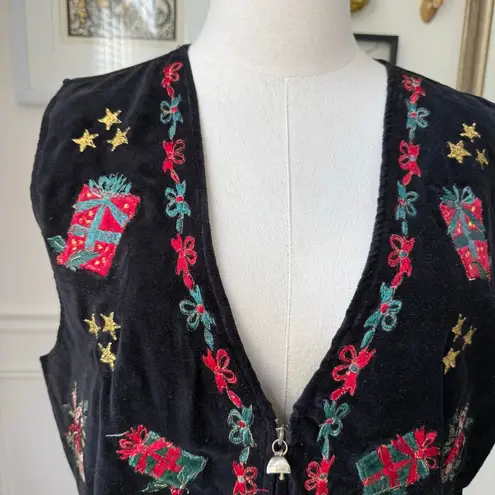 Vintage 90s Cleo Black Velveteen Embroidered Christmas Vest Bell Zipper Pull XL