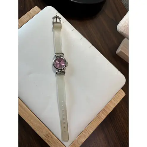 Vintage Ladies' Quartz Watch With Pink Dial & White Strap
