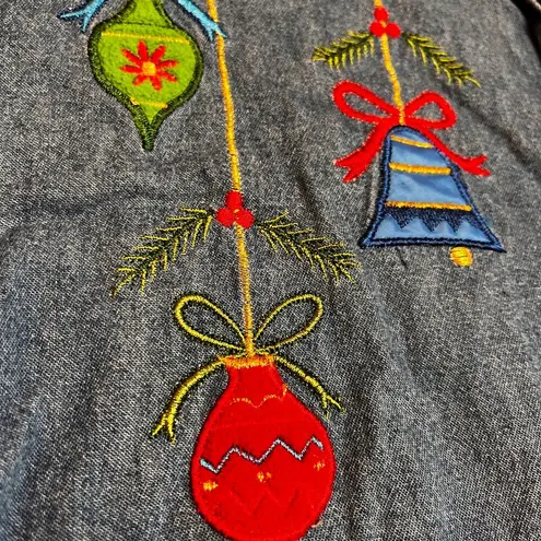 White Stag VTG Christmas Holiday Denim Button Down Shirt Ornaments Novelty SZ 22