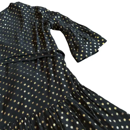 Figue Caroline Metallic Wrap Dress Black Gold Kimono Wide Sleeves Size Small