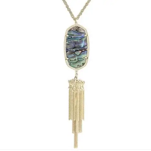 Kendra Scott  Rayne Abalone Shell Long Gold Fringe Necklace Blue Green Purple