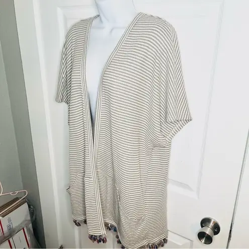 Main Strip Stripe Waffle Cardigan Tassel Hem Open M