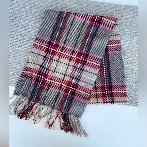 Vintage Fiori di Firenze Gray Pink Plaid Wool Scarf w Fringe Made in Italy