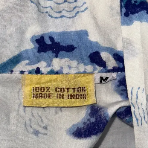 Women’s Size M White Blue Koi Fish Block Printed Long Cotton Belted Kimono Robe Size M