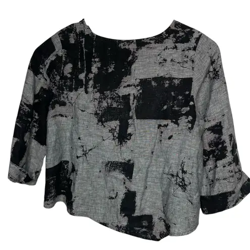 Habitat Clothes to Live In abstract print linen blouse Small BlackGrey Lagenlook