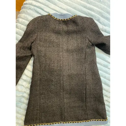 EDWARD ACHOUR PARIS Tweed Chain Trim Blazer Light Blue Trim Gold Buttons size S Brown