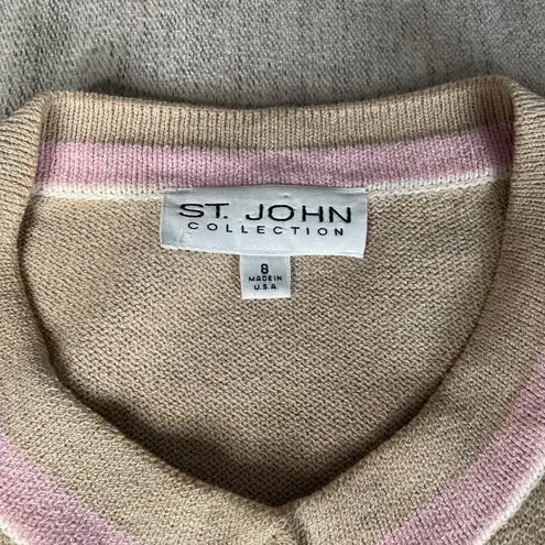 St. John Santana Preppy Classic Knit Sweater Tan Pink Button Up 8 Medium