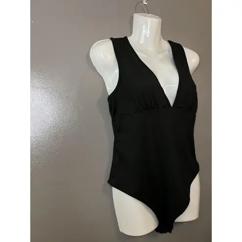 Gaze Bodysuit Womens Medium Black Deep V Neck Sleeveless Stretch Basic One Piece