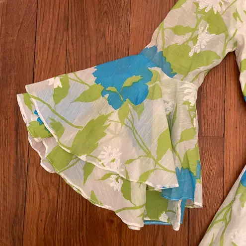 Vintage Handmade Romantic Maxi Dress Ruffle Neck Bell Sleeves Bird Appliqué ~M Blue Size M