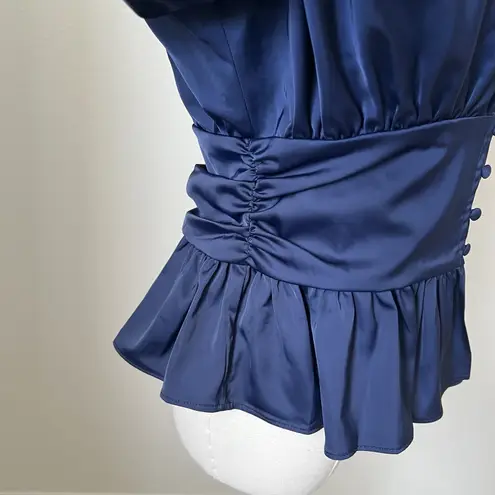 Jason Wu Navy Satin Peplum Blouse Top Long Sleeve V Neck Waist Button Sz Medium