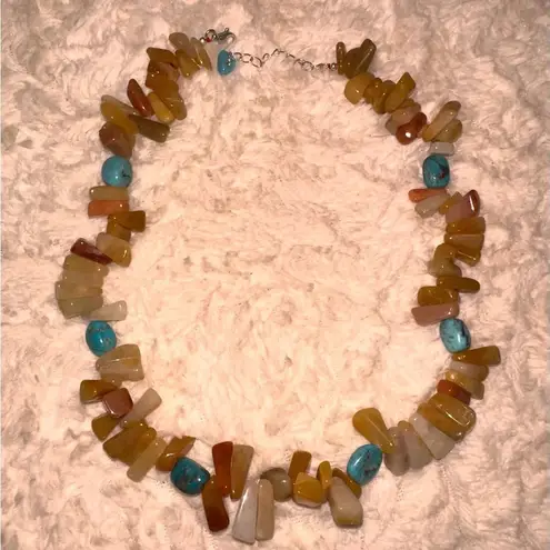 Vintage STERLING SILVER CHUNKY TURQUOISE & AGATE NECKLACE Green