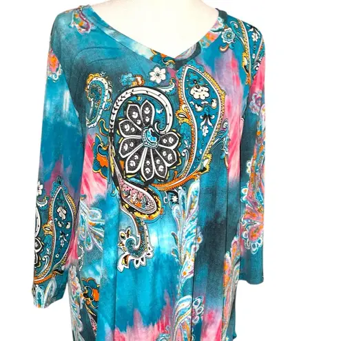 Simply Obsessed Paisley Print Teal and Pink Women's Top Blue Size L