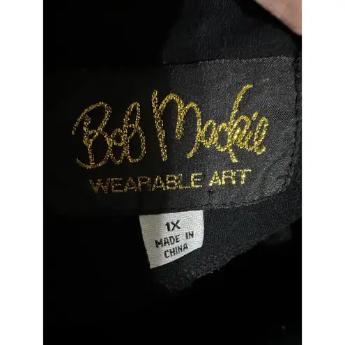 Bob Mackie Wearable Art Black Embroidered Floral V-Neck 3/4 Sleeve Top 1X