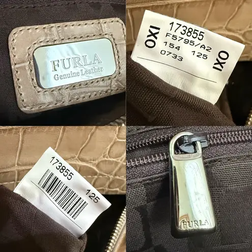 Furla Piper Cartella Sabbia /Beige Croc Embossed Leather Tote Satchel Crossbody