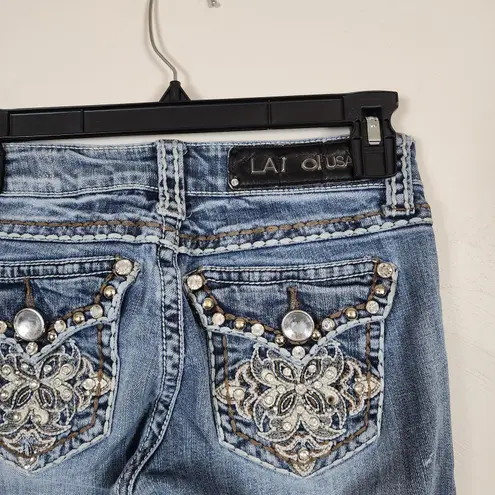 Y2K LA Idol USA Jeans Women's 1 Bootcut Embellished Rhinestone Pockets Denim Blue Size 27