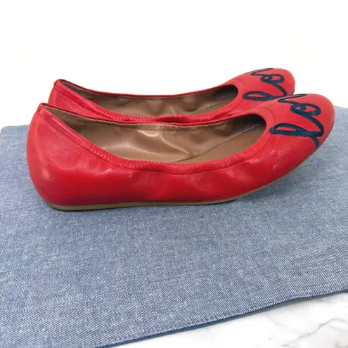 ED Ellen DeGeneres Langston Red Leather 9.5M Ballet Flats Love Embroidery Comfy Size 9.5