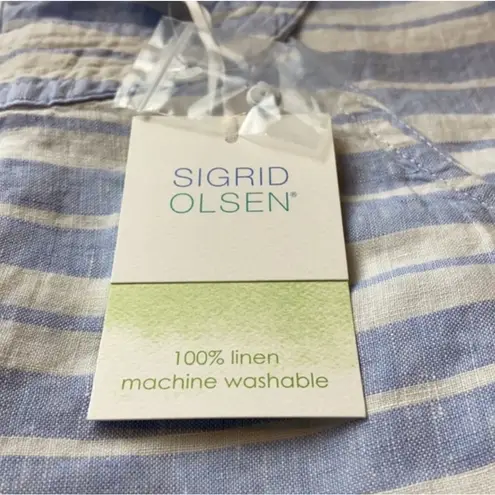 Sigrid Olsen Linen Dress 8 Blue White Striped Belted Pockets Nautical