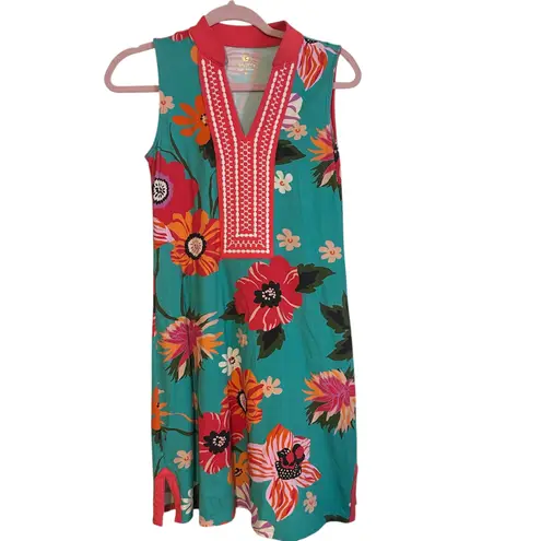 Spartina 449 Spartina Turquoise Floral V-Neck Sleeveless Dress XS Cotton Blend Embroidery