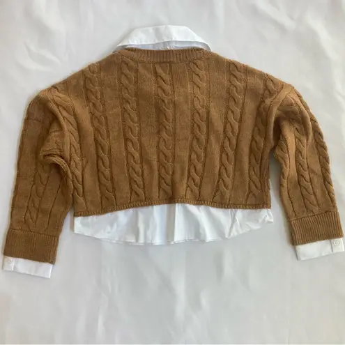Pilcro Anthropologie Tan Cropped Cable-Knit Twofer Long Sleeve V-Neck Sweater