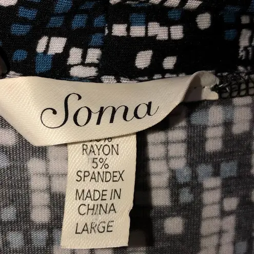 Soma  Dress Size Large Faux Wrap Top Black White Blue Long Sleeve Geometric Print