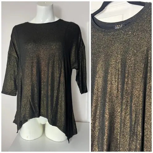 Iman Black Gold Metallic Glitter Asymmetric Hem Sparkle Top Size Small NWT